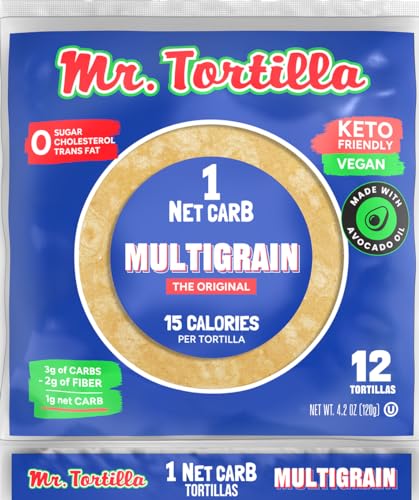 Mr. Tortilla Low Carb Keto Soft Taco Shells, Vegan Healthy Snacks & Bread Alternative, 1 Net Carb 15 Calories Delicious Small Batch Kosher Wraps -(Multigrain, 12 Count) - Multigrain - 12 Count