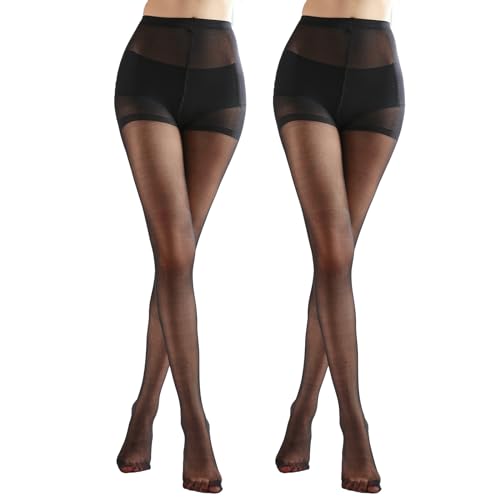 Weziarer 2 Pairs Women's Sheer Tights with Run-Resist,20D Ladies High Waist Support Control Top Pantyhose-Reinforced Toes - Large - Black