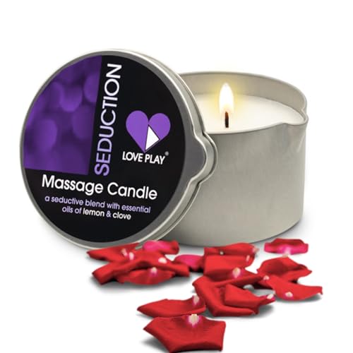 LOVE PLAY Massage Oil Candle for Home SPA - Vegan Moisturizing Body Oil Candle for Pure Relaxation - Hydrating Skin Care Massage Oils with Essential Oils (6.76oz) - Seduction