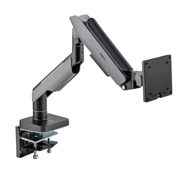 Suport monitor Gaming 17-49” inch, Iluminare RGB, Brat Reglabil Asistat StableDesk, Pana la 20 kg, Organizator cabluri, Pentru monitor greu standard/curbat de Birou Office, Gaming, Prindere cu clema/surub in blat, Gri