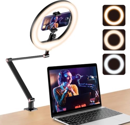 10'' Ringlicht für Schreibtisch mit Ständer und Telefonhalter, Overhead Stativ Ringlicht, Videokonferenzlicht mit verstellbarem Schreibtischarmständer für YouTube,TikTok, Arbeit für Telefon, Webcam - Schwarz