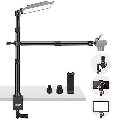 NEEWER Tisch Kamerastativ mit 2 Teleskopauslegern, Telefonhalter, Kugelköpfe, Schraubadapter, Tischleuchtenstativ für Kamera, Handy, Webcam, Ringlicht, TL253A+DS001 - TL253A+DS001