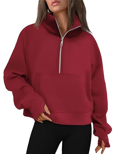 AUTOMET Womens Sweatshirts Half Zip Cropped Pullover Fleece Quarter Zipper Hoodies 2024 Fall Fashion Outfits Clothes - Red - Small