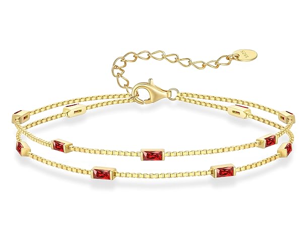 LOUISA SECRET Birthstone Bracelets for Women, 925 Sterling Silver Dainty Simple Women Charm Link Bracelet, Birthday Anniversary Jewelry Gifts for Women Wife Mom Her - Double Layer - Gold-01-Jan / 07-Jul