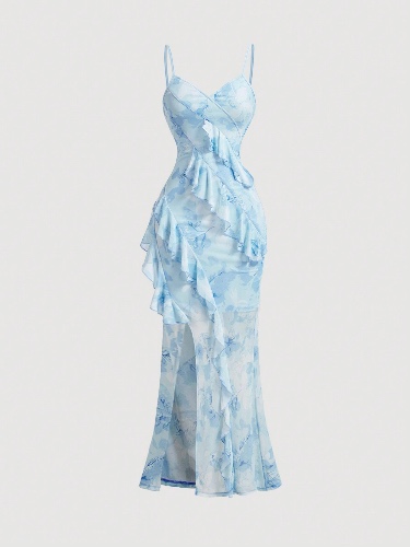 SHEIN MOD Summer V-Neck Ruffle Trim High Slit Tie Dye Print Long Slip Dress