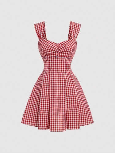 SHEIN MOD Red & White Plaid Backless Bowknot Picnic Summer Holiday Pleated Dress