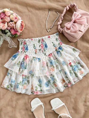 SHEIN WYWH Romantic Countryside Style Women's Summer Vacation Skirt, White With Colorful Floral Print, Double-Layered With Ruffle Hem And Pleated Design, Perfect For Graduation And Afternoon Tea