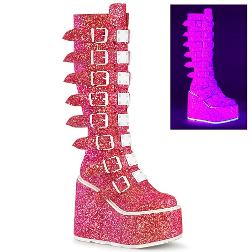 Demonia SWING-815UV | Pink Glitter Knee High Boots - 07 / Pink