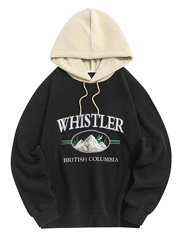 ZAFUL Men's Hooded Sweatshirt, Letter Mountain Graphic Embroidery Plush Fleece Casual Drawstring Pullover Hoodie - Large - 0-black