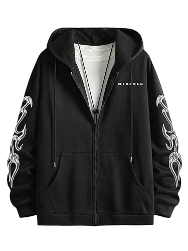 GORGLITTER Men's Y2K Graphic Hoodies Zip Up Long Sleeve Designer Pullover Hooded Sweatshirts Streetwear - Large - Black