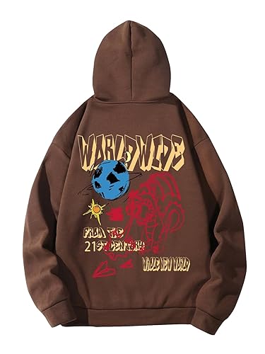 COZYEASE Men's Hoodie Oversized Graphic Hoodies Pullover Long Sleeve Drawstring Casual Hooded Sweatshirt Trendy - Large - Coffee Brown Print