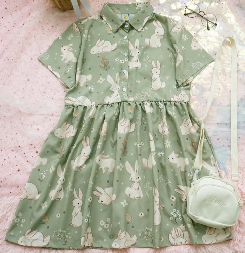 Spring Bunny School Girl Dress - Green