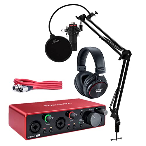 Focusrite Scarlett 2i2 Studio 3rd Gen USB Audio Interface Bundle with Desktop Boom Arm Mic Stand, Mic Shock Mount for 44-47mm Microphones and Pop Filter (4 Items)