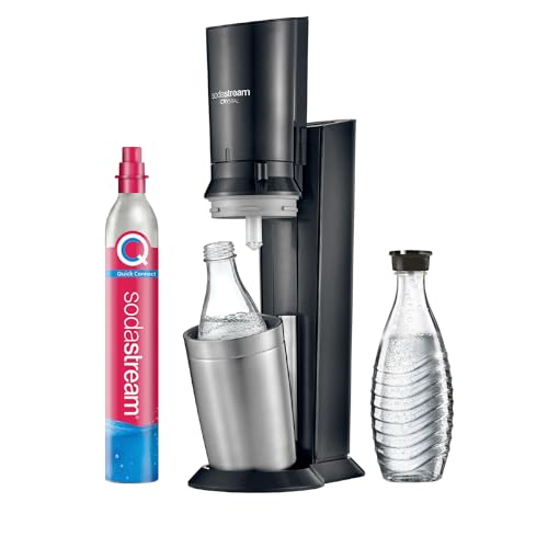 SodaStream Crystal 3.0 Wassersprudler mit 1x Quick-Connect CO2-Zylinder und 2X Glaskaraffen, Silber, Schwarz, Titan, 45 cm - Mit 2 Flaschen und CO2-Zylinder