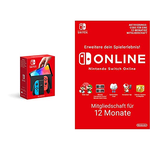 Nintendo Switch (OLED-Modell) Neon-Rot/Neon-Blau + Switch Online Mitgliedschaft - 12 Monate (Nintendo Switch Download Code) - Neon-Rot/Neon-Blau - + Online 12 Monate