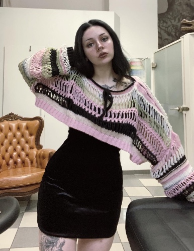 'Have Fun' Green/Pink Grunge Oversized Cropped Sweater - GREEN / S