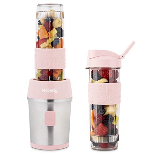 H.Koenig Mini Blender Smoothie Transportable Compact 570mL SMOO12 Sans BPA Puissant 300W, Mixeur à Smoothies 2 Bouteilles Portables, 4 Lames en Inox, Rose Pastel - Rose