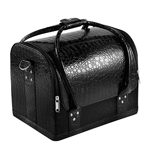 Mallette Maquillage Professionnel Trousses à Maquillage avec Bretelle Cosmétique Noir étui de Maquillage Etanche Vernis à Ongles Organisateur Maquillage Boîtes à Bijoux Doux - Noir - L (Lot de 1)