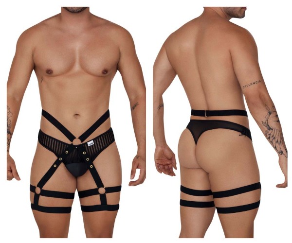 CandyMan 99676 Garter Thongs Two Piece Set - Black / L/XL