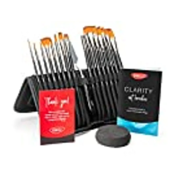 DACO Clarity Paint Brush Set of 16, 15 Different Shapes & 1 Flat Acrylic Brush, Pallete Knife & Sponge, Nylon Hair, Non Slip Handles & Standable Organizing Case for Acrylic, Oil, Watercolor