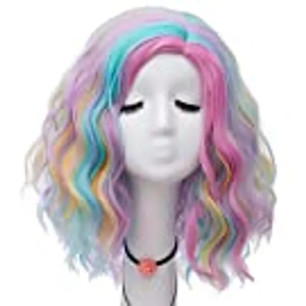 NiceLisa Women 16 Inches Curly Wave Fashion Anime Party Cosplay Wigs Blue Pink Yellow Hair
