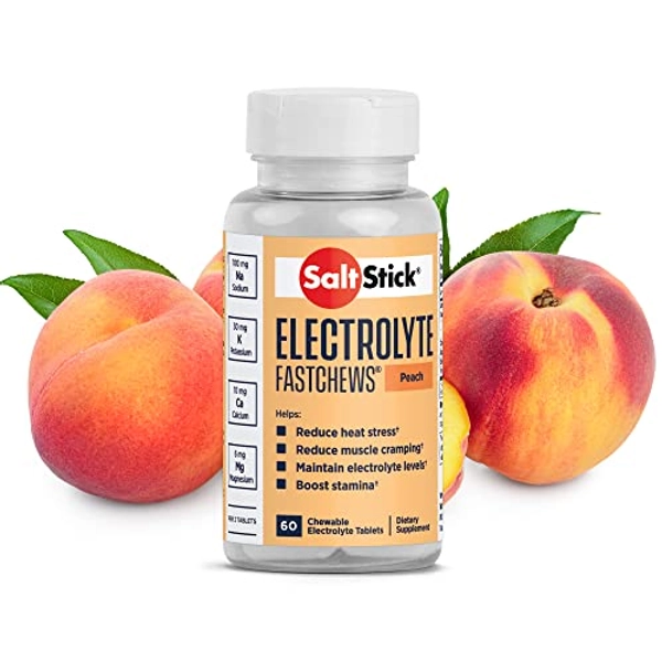 SaltStick FastChews Electrolytes - 60 Chewable Electrolyte Tablets - Peach Flavor - Salt Tablets for Running, Fast Hydration, Leg Cramps Relief, Sports Recovery - Non-GMO, Vegan, Gluten Free