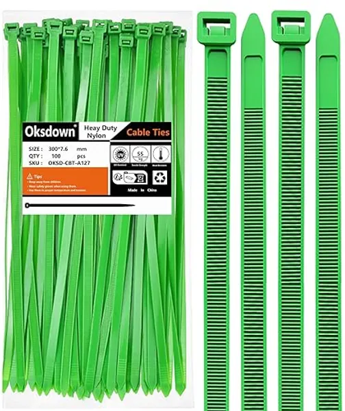 Oksdown 300 mm x 7,6 mm Collier de Serrage Plastique Vert Serre Câbles Longs Rilsan Ultra Solides Résistant aux UV Attache Câble Lot de 100 Pièces - 7,6mm × 300mm - Vert
