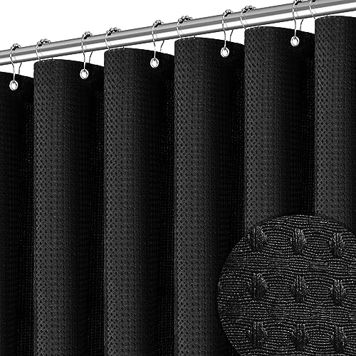 PANGSINNE Black Stall Fabric Shower Curtain - Water Repellent Waffle Textured 256GSM Heavy Duty Cloth Shower Curtains for Bath Tubs, Narrow Hotel Quality Bath Curtain Set with 6 Hooks, 36Wx72H - W72xH72 - Black
