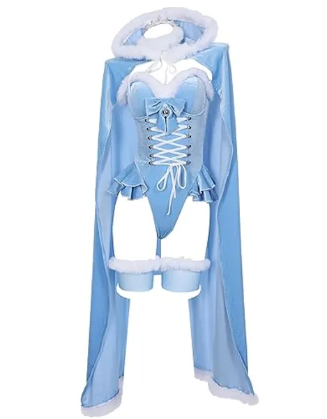 MEOWCOS Women's Bodysuit Queen Cosplay Costume Halloween Christmas Bodysuit Cape Set with Crown Cloak Gloves Socks - Small - Blue