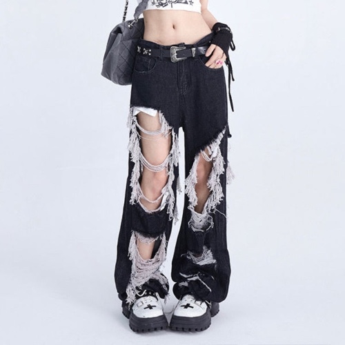 'Recall' Black Grunge Ripped Tassel Pants - black / S