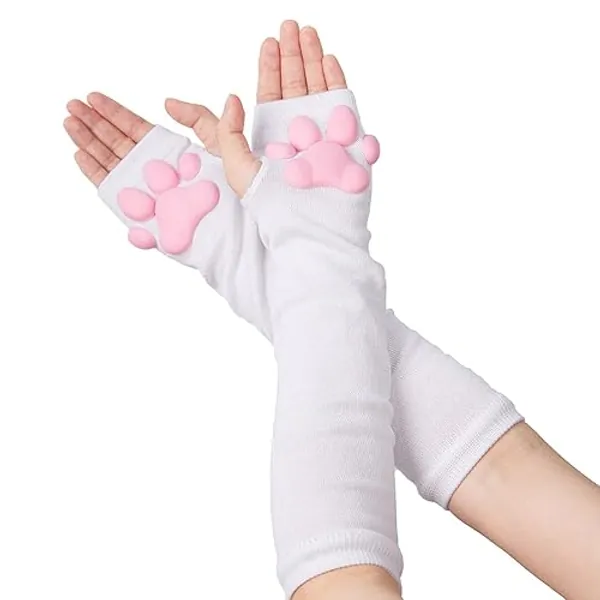HOMEGYMFREE Cute Cat Paw Mittens Gloves, Kawaii Cat Cosplay Kawaii Soft 3D Toes Beans Fingerless Cat Claw Paws Pad Sleeve - White-long