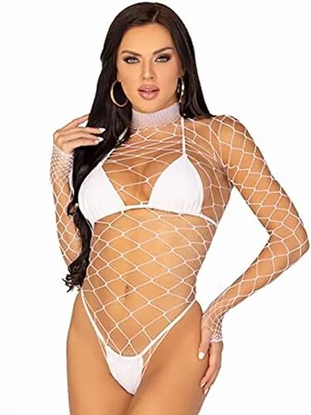 Leg Avenue Women’s Pretty Please Wide Fishnet Bodysuit for Women - One Size - White