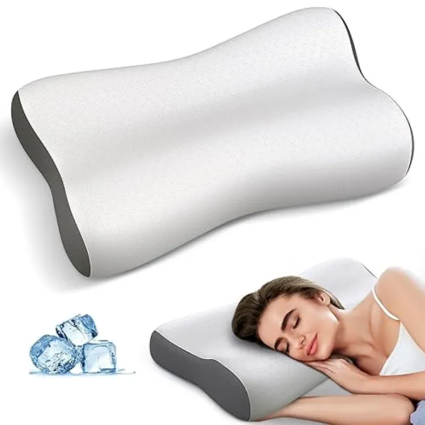 Cervical Neck Pillow - Contour Neck Pillows for Neck Pain Relief, Ergonomic Side Sleeper Pillow for Sleeping, Orthopedic Memory Foam Pillows for Back & Stomach Sleepers with Cooling Pillowcase - Grey
