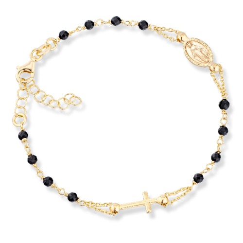 Miabella 18K Gold Over 925 Sterling Silver Italian Natural Black Spinel Rosary Cross Charm Bead Bracelet for Women, Adjustable Link Chain 6 to 8 Inch Handmade in Italy - Length 6" to 7"