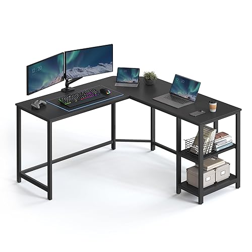 VASAGLE Schreibtisch, L-förmiger Computertisch, 138 x 138 x 76 cm, Eckschreibtisch mit 2 Ablagen, platzsparender Bürotisch, Gaming, Homeoffice, einfacher Aufbau, schwarz mit Holzmaserung LWD072B56 - Schwarz + Holzmaserung