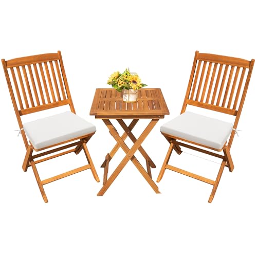 Devoko Outdoor 3 Piece Folding Patio Bistro Set Acacia Wood Bistro Table and Chairs Set of 2 for Garden Poolside Backyard Balcony Porch Deck