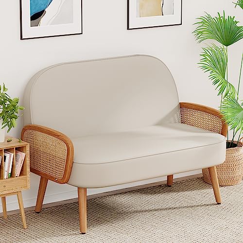 Aklaus 45" W Faux Leather Small loveseat with Natural Rattan Arms,Upholstered Modern Mini Sofa Couch Love Seat Settee Bench with Back for Living Room Bedroom Office Small Space Entryway Beige - Beige
