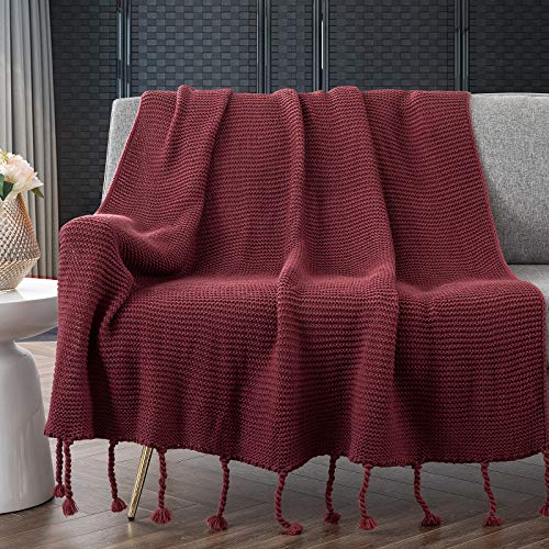 RUDONG M Knitted Throw Blanket with Fringe, Burgundy Knit Throw Blanket for Couch Bed Sofa 50" x 60" - Burgundy - Throw(50" x 60")