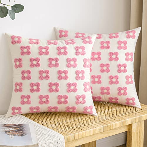 EMEMA Decorative Throw Pillow Covers Daisy Sun Flower Jacquard Pillowcase Cushion Case Square for Couch Sofa Bed Living Room Bedroom Set of 2, 18x18 Inch, Pink and White - 18x18 Inch (Pack of 2) - A-pink and White