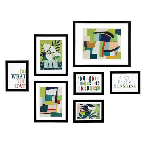ArtbyHannah Gallery Wall Art Set of 7, Frame Sets for Wall Collage, Colorful Botanical Wall Decor for Living Room Bedroom, Assorted Sizes - 7 Pack, Black Framed, Colorful Prints