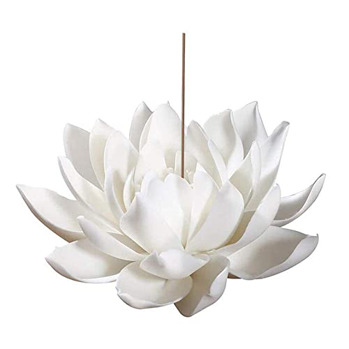Sunormi 3.9 Inch Ceramic White Lotus Incense Burner Flower Incense Burner Stick Holder for Yoga Studio Living Room Home Decor - White