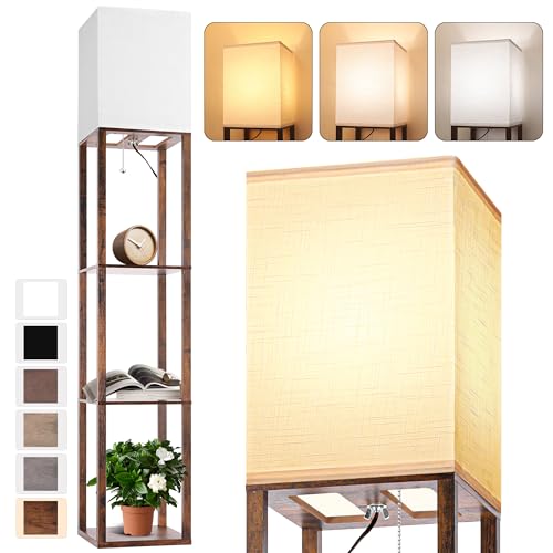 Floor Lamp with Shelves for Living Room Oak Gray, Shelf Floor Lamp with 3 CCT LED Bulb, Corner Display Standing Column Lamp Etagere Organizer Tower Nightstand with White Linen Shade for Bedroom Office - Rustic Brown