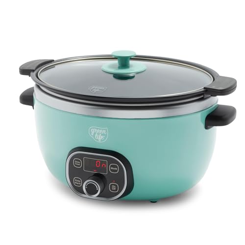 GreenLife 6 QT Ceramic Slow Cooker, PFAS-Free, Programmable, Removable Healthy Nonstick Pot for large families, Sear on Stovetop, Keep Warm, Digital Timer, Dishwasher Safe Glass Lid & Crock, Turquoise - Turquoise - 6 Quarts - Slow Cooker