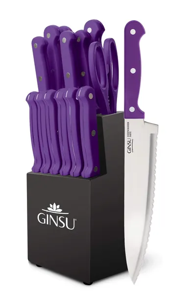 GINSU KIS-PU-DS-014-4 Kiso Dishwasher Safe Purple 14 Piece Knife Set With Black Block, 9" W x 15" H x 5" D - Purple Dishwasher Safe Set