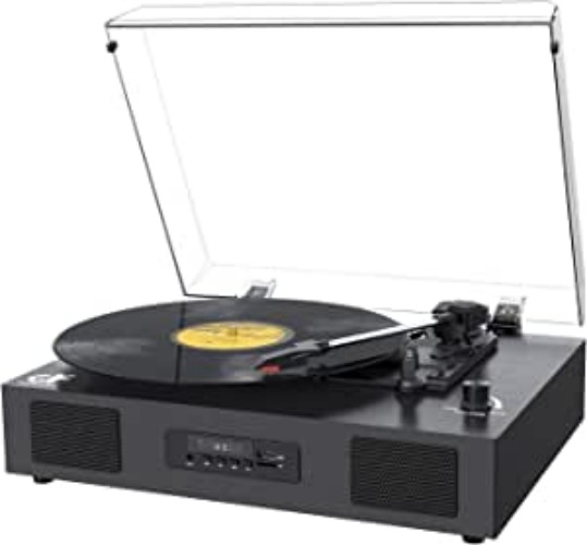 Record Player Bluetooth Turntable with Built-in Speaker, USB Recording Audio Music Vintage Portable Turntable for Vinyl Records 3 Speed, LP Phonograph Record Player with Speakers Black - Lychee Black