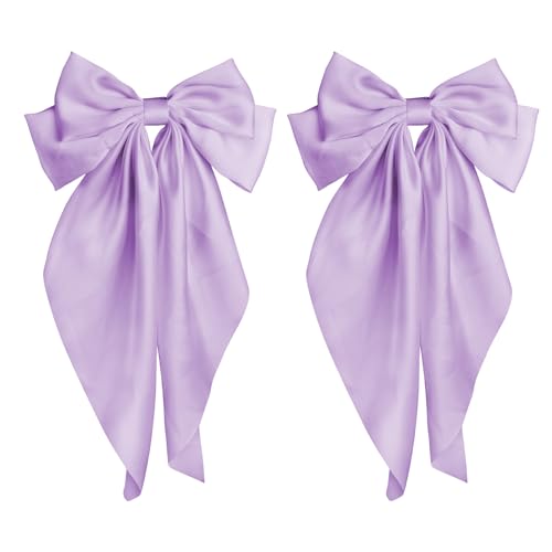 Hair Bows for Women 2Pcs Satin Long Tail Large Bow Hair Clip,Hair Ribbon Clip,Silk Bowknot Hair Barrettes Ponytail Hair Accessories Gifts for Girl(Purple) - Purple 2Pcs
