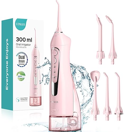 COSLUS Water Dental Flosser Teeth Pick: Portable Cordless Oral Irrigator 300ML Rechargeable Travel Irrigation Cleaner IPX7 Waterproof Electric Flossing Machine for Teeth Cleaning C20(F5020E) Pink - Pink