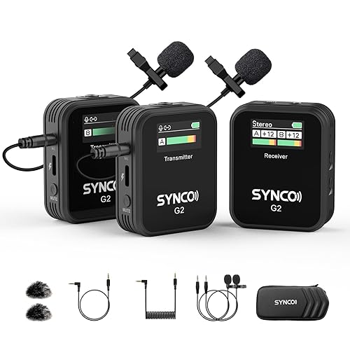 SYNCO Microfono Lavalier Senza Fili, G2 (A2) Sistema Microfonico Lavalier 2.4G con Display TFT per Smartphone Fotocamera DSLR Youtube Live Streaming Vlogging - Nero Display 2TX+1RX - Standard