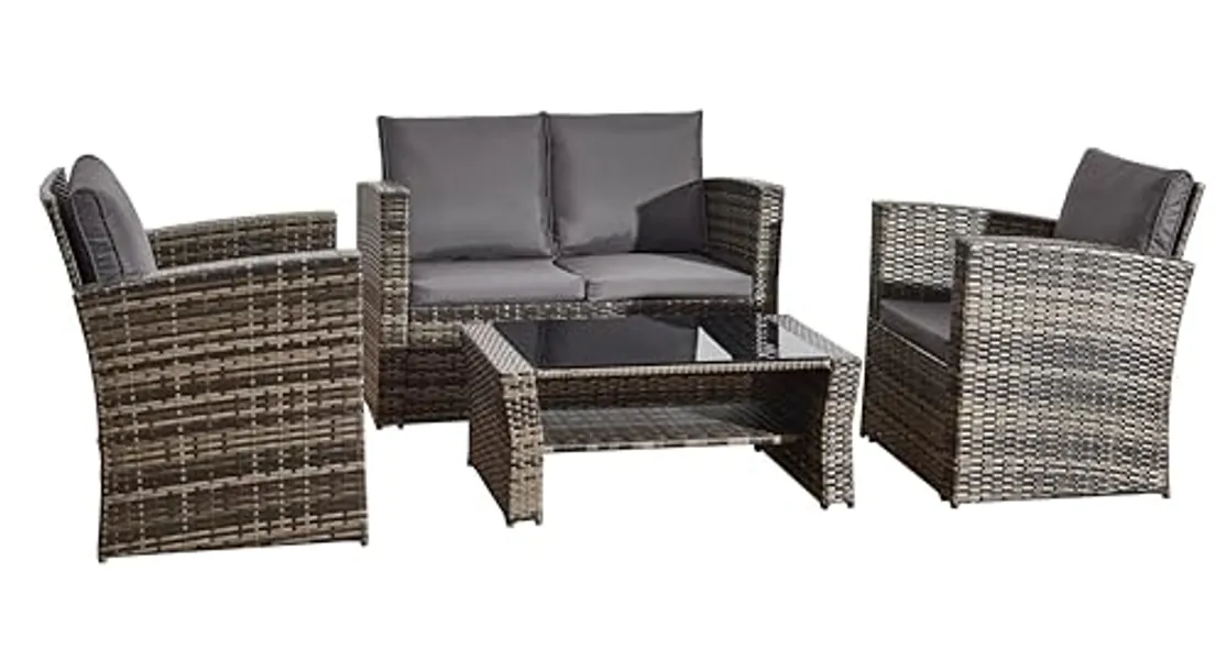 XEO HOME 4PCs Rattan Garden Furniture Sofa Set 4 Piece Patio Set Weaving Wicker includes: 1 Double seat Sofa, 2 Armchairs and 1 Glass Table Outdoor Indoor Conservatory