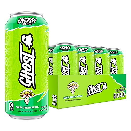 GHOST Energy Drink - 12-Pack, Warheads Sour Green Apple, 16oz - Energy & Focus & No Artificial Colors - 200mg of Natural Caffeine, L-Carnitine & Taurine - Gluten-Free & Vegan - WARHEADS Sour Green Apple